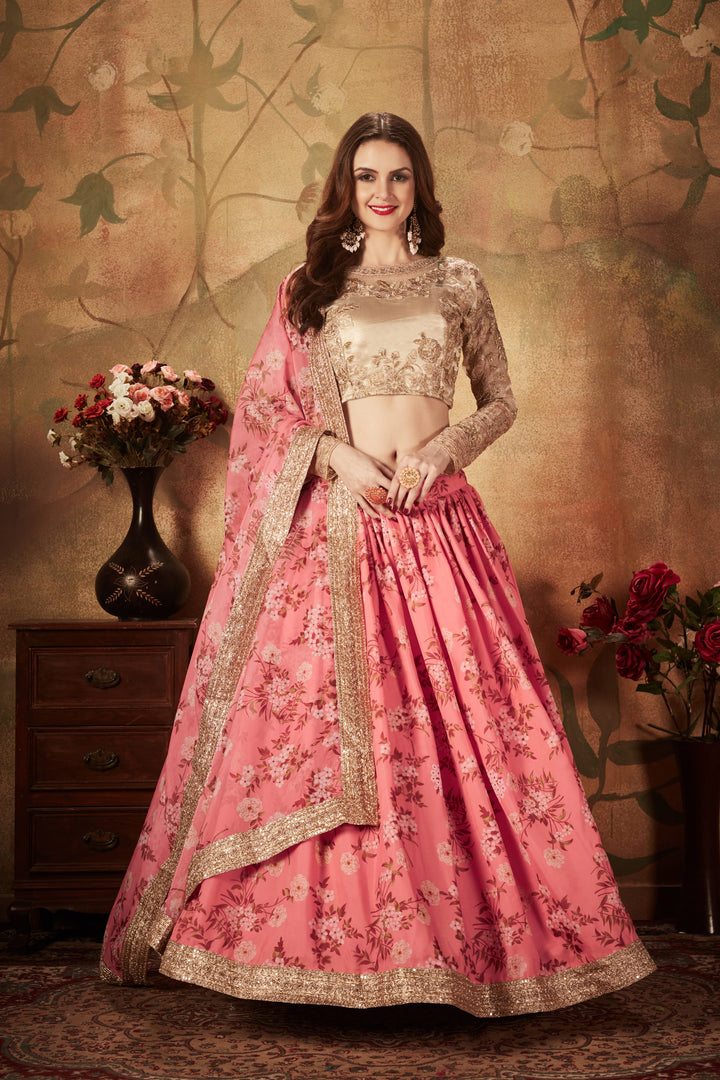 Pink And Beige color Organza Zari and Sequins Embroidery Work Lehenga Choli