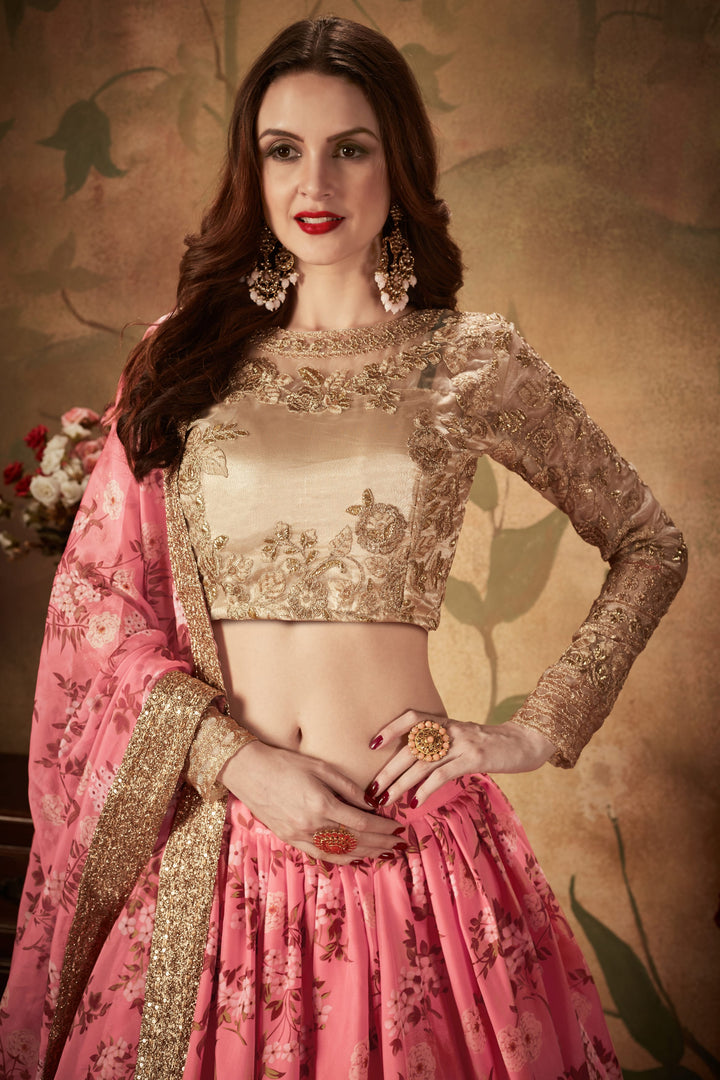 Pink And Beige color Organza Zari and Sequins Embroidery Work Lehenga Choli