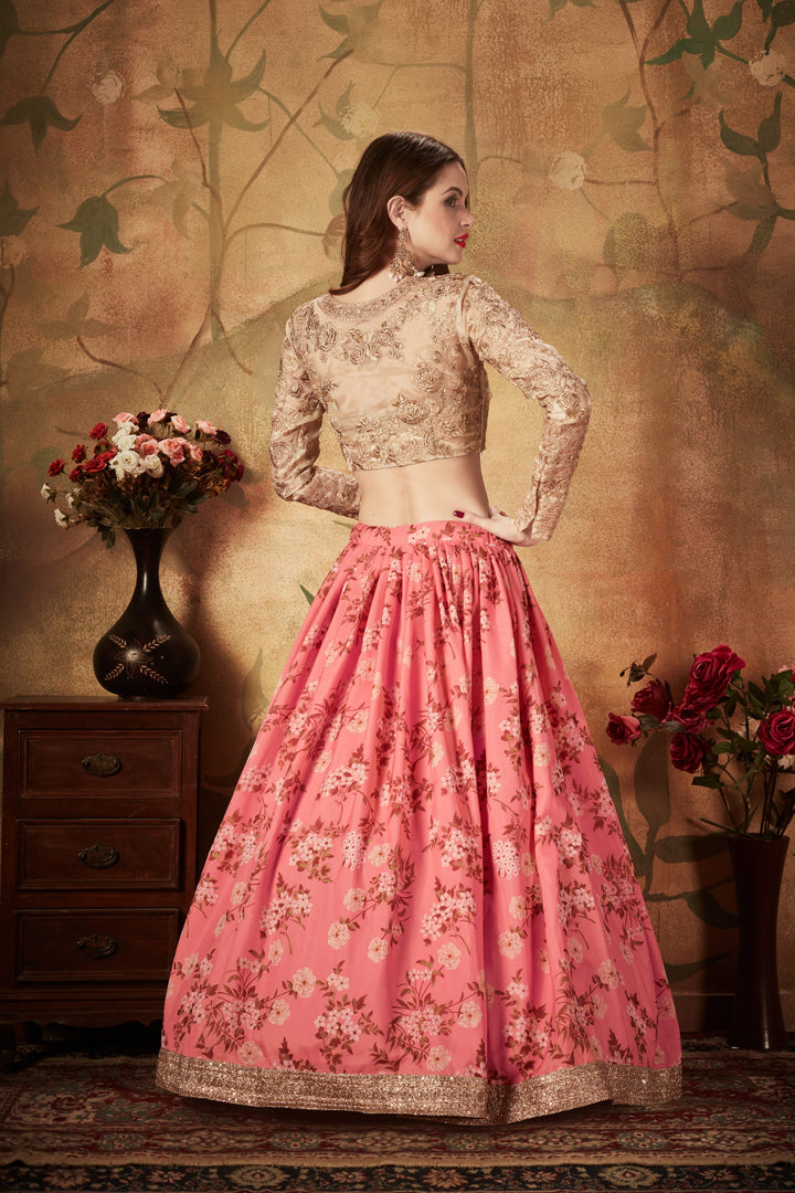 Pink And Beige color Organza Zari and Sequins Embroidery Work Lehenga Choli
