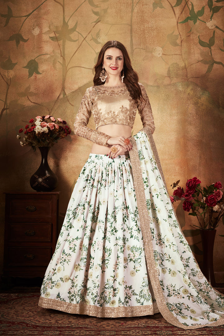 Off- white And Beige color Organza Zari and Sequins Embroidery Work Lehenga Choli
