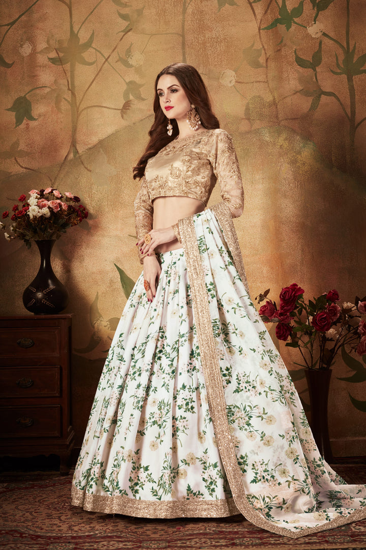 Off- white And Beige color Organza Zari and Sequins Embroidery Work Lehenga Choli