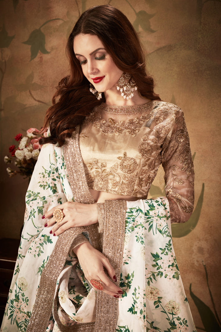 Off- white And Beige color Organza Zari and Sequins Embroidery Work Lehenga Choli