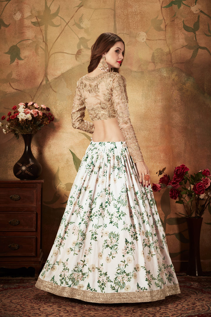 Off- white And Beige color Organza Zari and Sequins Embroidery Work Lehenga Choli