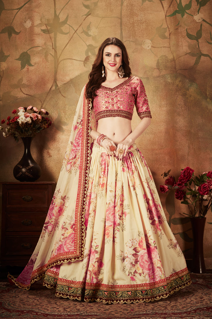 Beige And Peach color Organza Zari and Sequins Embroidery Work Lehenga Choli