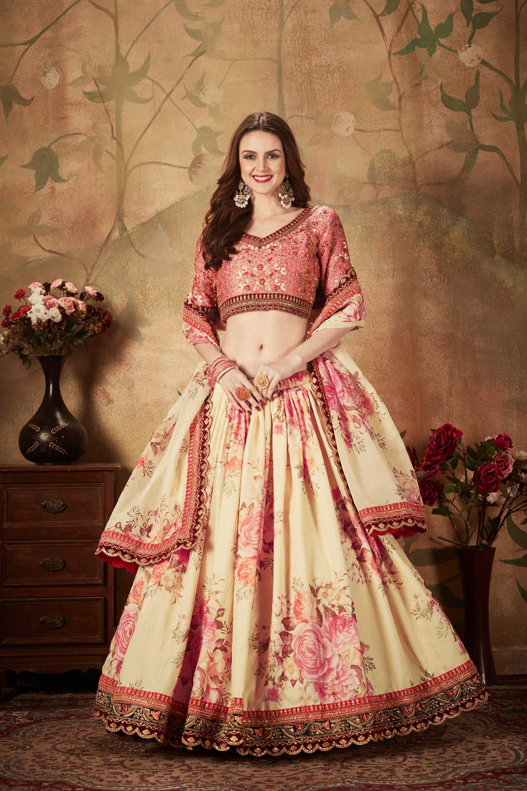 Beige And Peach color Organza Zari and Sequins Embroidery Work Lehenga Choli