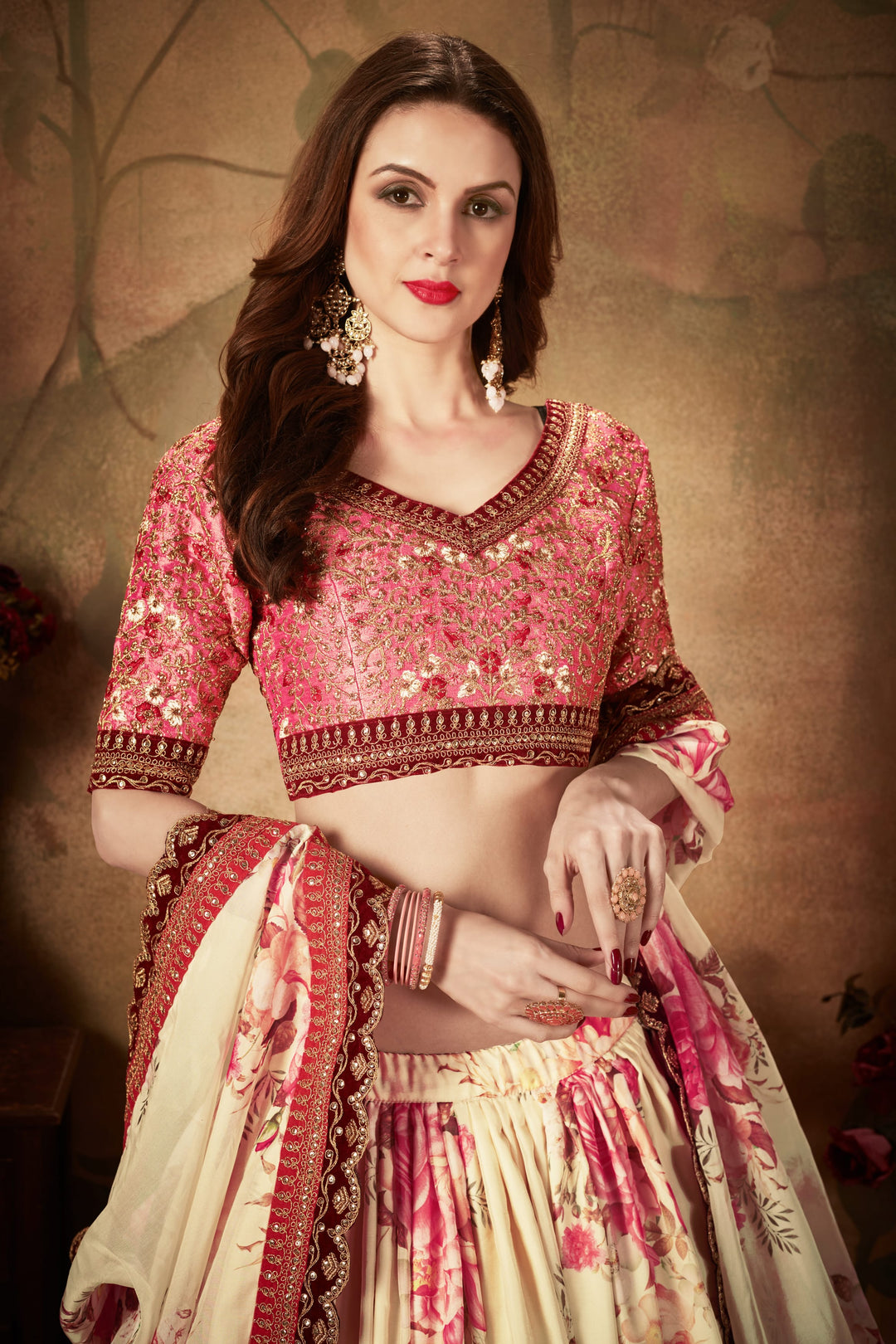 Beige And Peach color Organza Zari and Sequins Embroidery Work Lehenga Choli