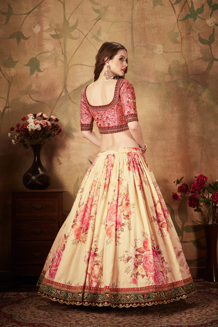 Beige And Peach color Organza Zari and Sequins Embroidery Work Lehenga Choli