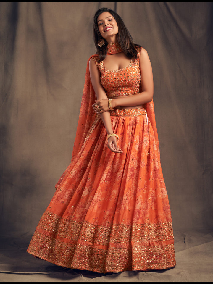Orange Color Organza Sequins Zari Embroidery Work Lehenga Choli