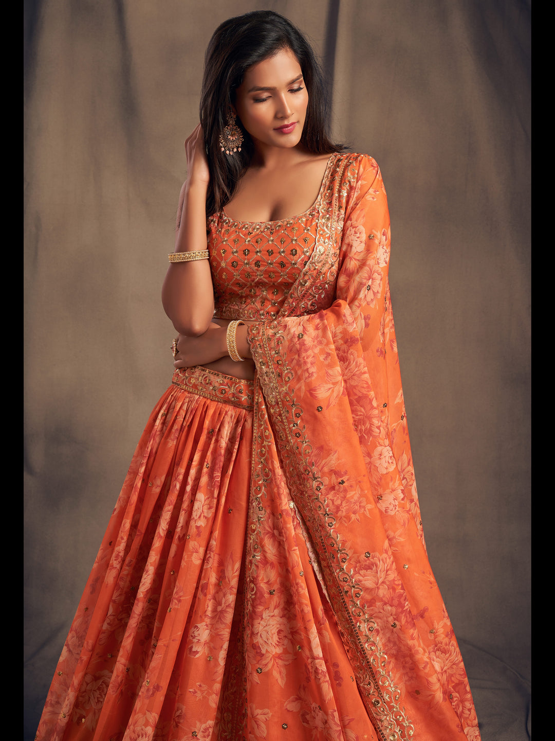 Orange Color Organza Sequins Zari Embroidery Work Lehenga Choli