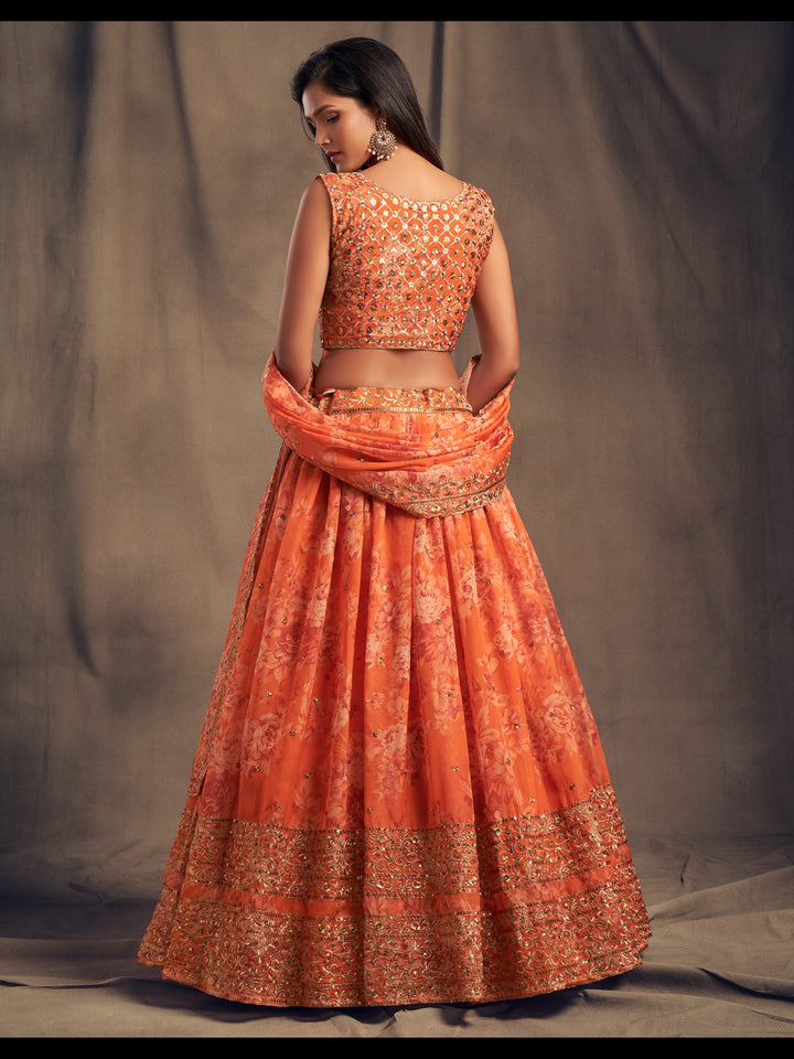 Orange Color Organza Sequins Zari Embroidery Work Lehenga Choli