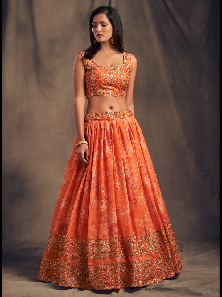 Orange Color Organza Sequins Zari Embroidery Work Lehenga Choli