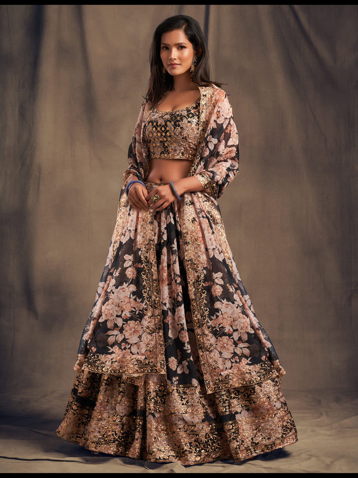 Black Color Organza Sequins Zari Embroidery Work Lehenga Choli