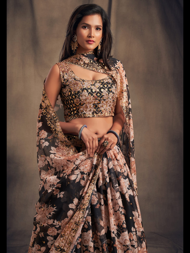 Black Color Organza Sequins Zari Embroidery Work Lehenga Choli