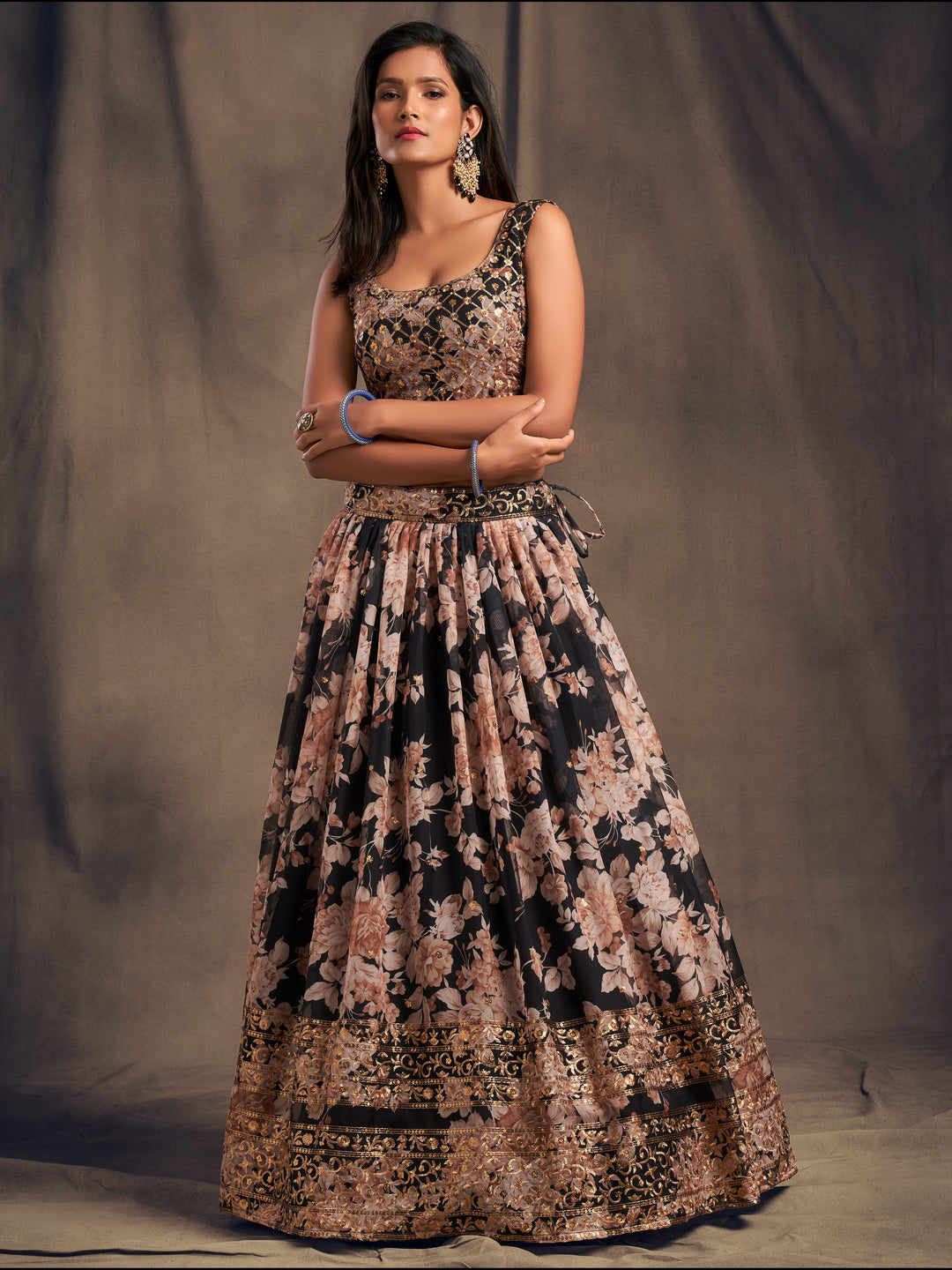 Black Color Organza Sequins Zari Embroidery Work Lehenga Choli