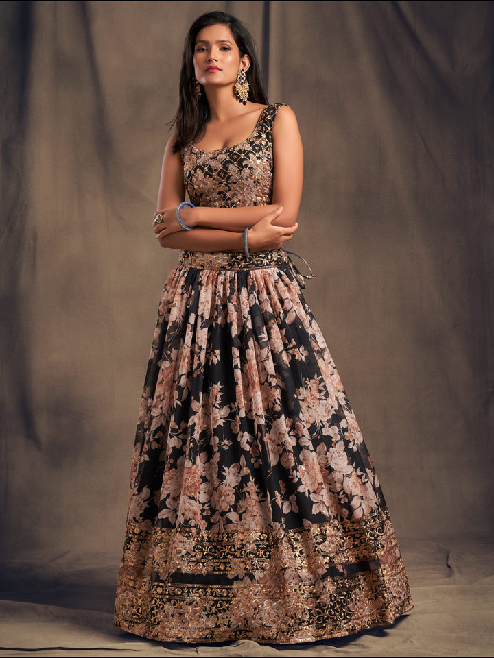 Black Color Organza Sequins Zari Embroidery Work Lehenga Choli