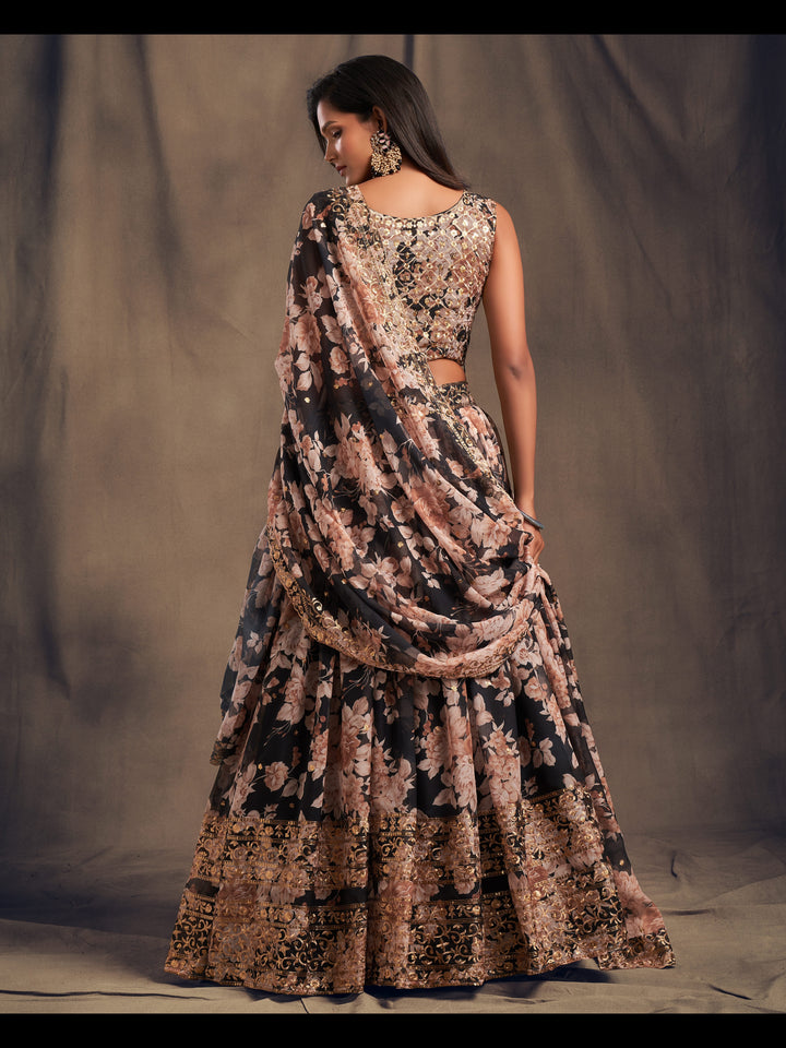 Black Color Organza Sequins Zari Embroidery Work Lehenga Choli