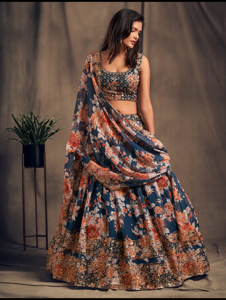 Dove Blue color Organza Sequins Zari Embroidery Work Lehenga Choli
