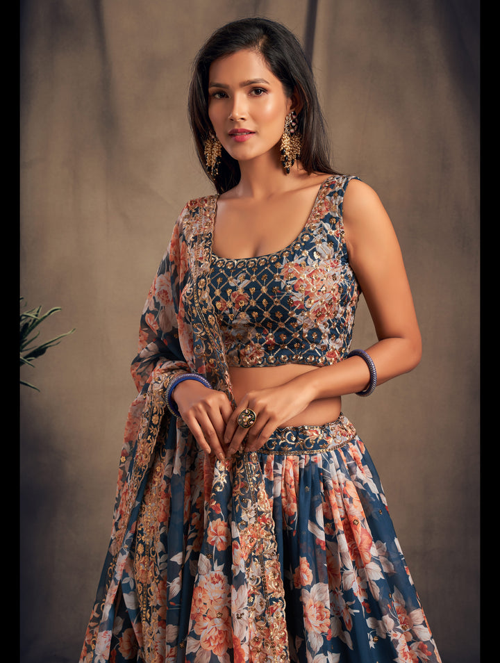 Dove Blue color Organza Sequins Zari Embroidery Work Lehenga Choli