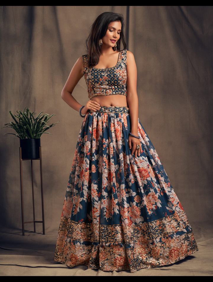 Dove Blue color Organza Sequins Zari Embroidery Work Lehenga Choli