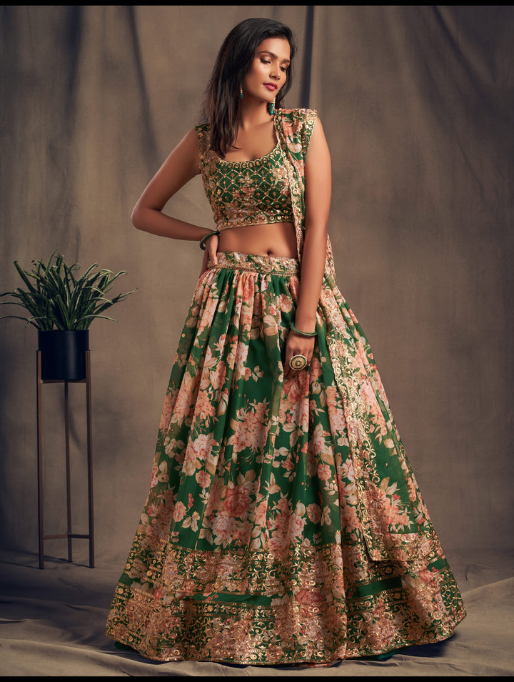 Green color Organza Sequins Zari Embroidery Work Lehenga Choli