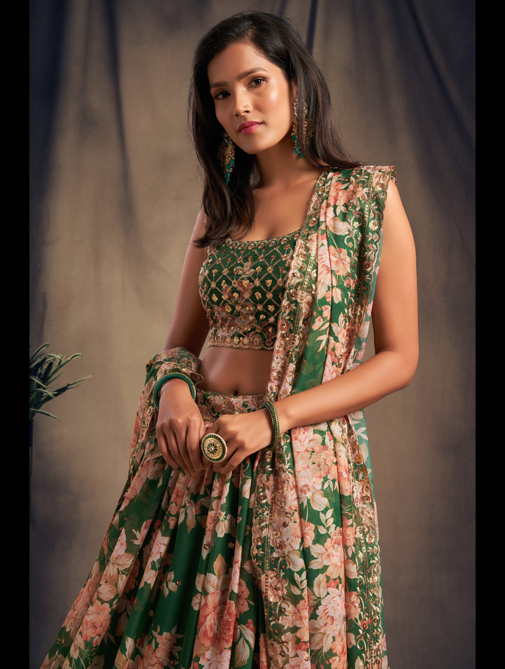Green color Organza Sequins Zari Embroidery Work Lehenga Choli