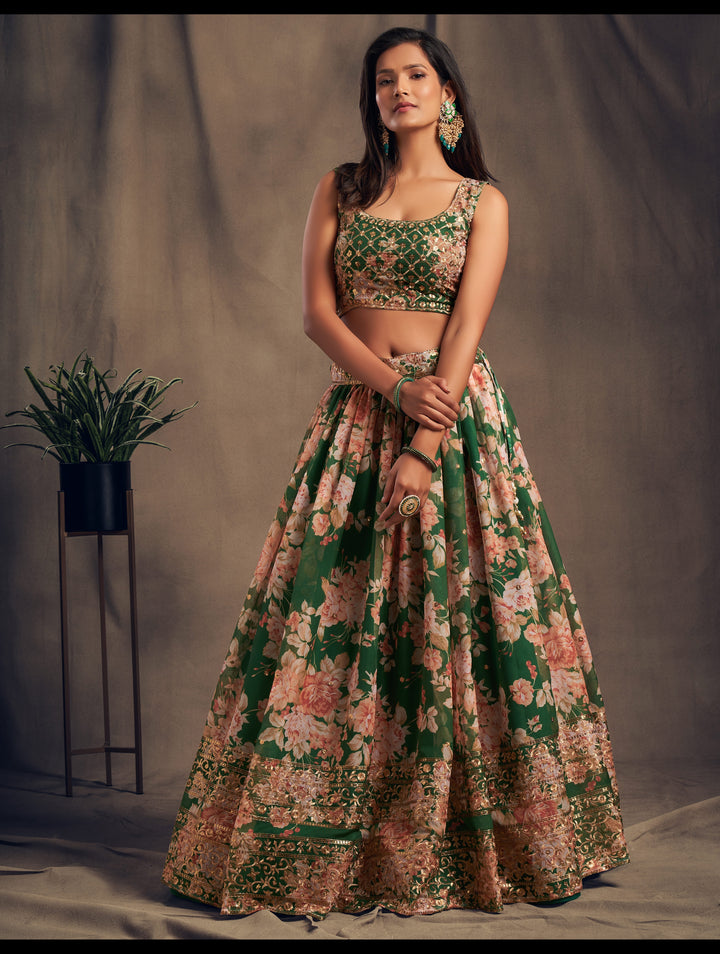 Green color Organza Sequins Zari Embroidery Work Lehenga Choli