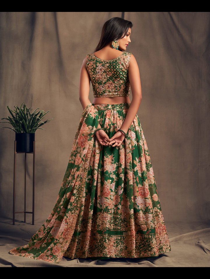 Green color Organza Sequins Zari Embroidery Work Lehenga Choli