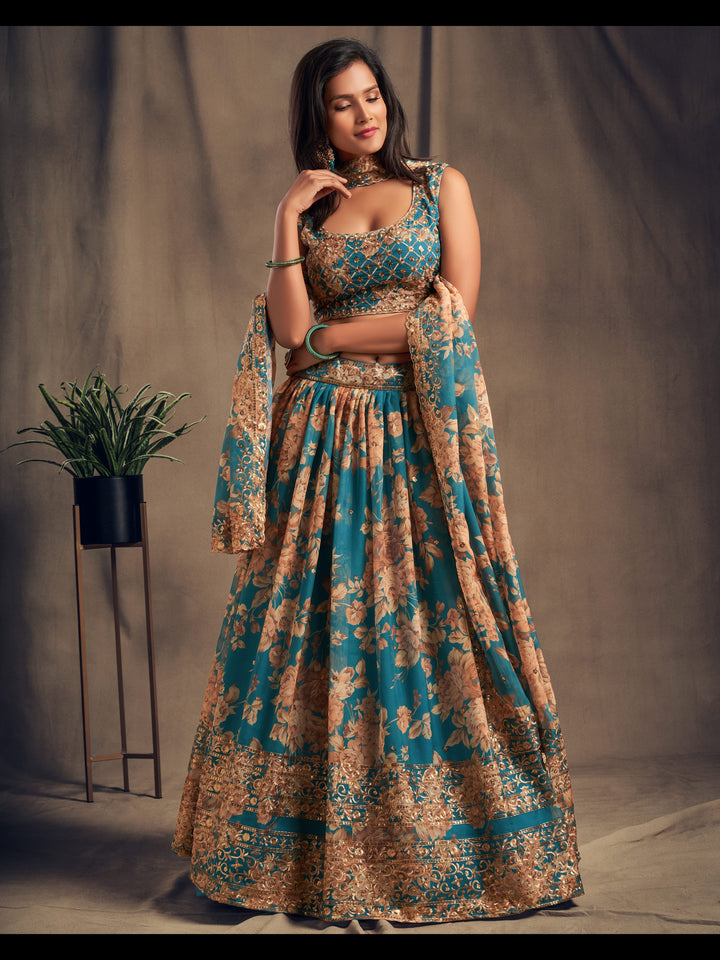 Teal Blue color Organza Sequins Zari Embroidery Work Lehenga Choli