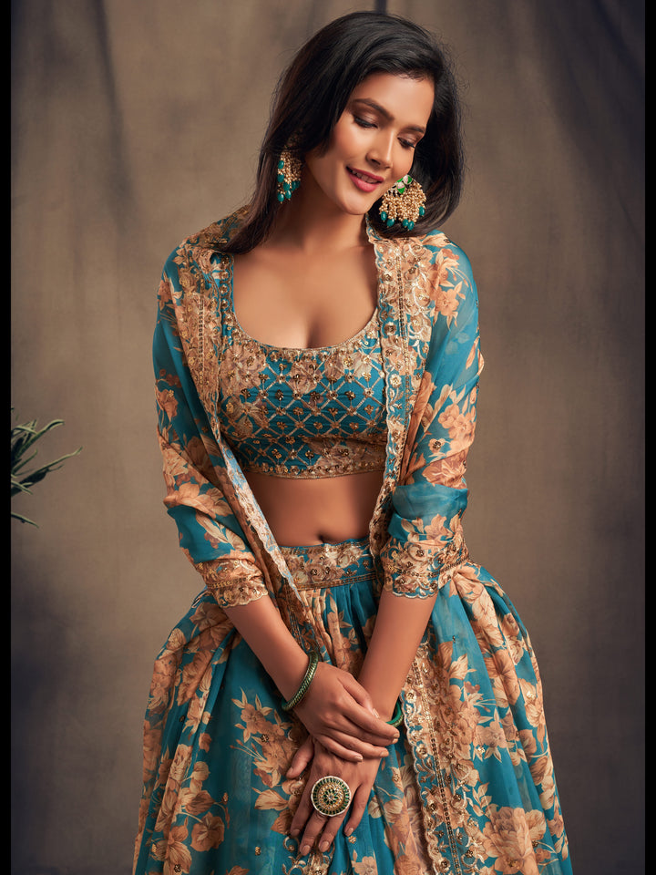 Teal Blue color Organza Sequins Zari Embroidery Work Lehenga Choli