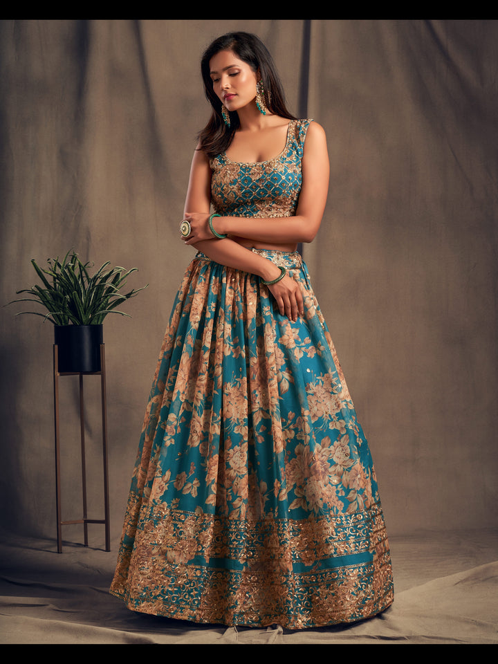 Teal Blue color Organza Sequins Zari Embroidery Work Lehenga Choli