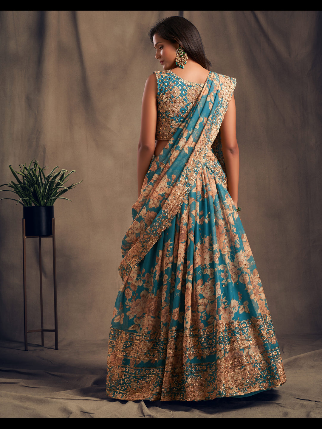 Teal Blue color Organza Sequins Zari Embroidery Work Lehenga Choli