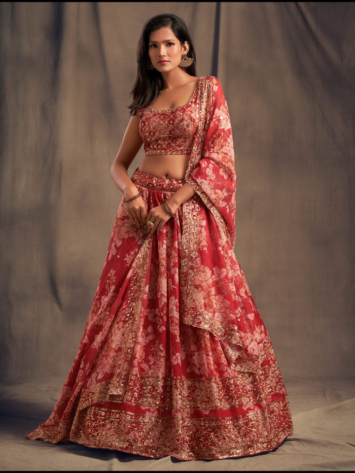 Red color Organza Sequins Zari Embroidery Work Lehenga Choli