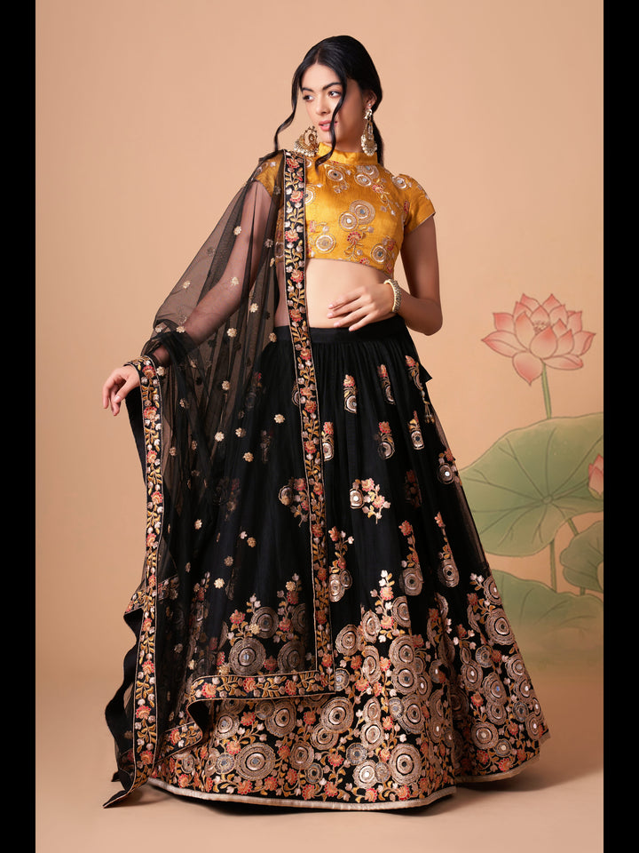 Black Color Soft Net Thread, Zari and Sequins Embroidery With Mirror Work Lehenga Choli