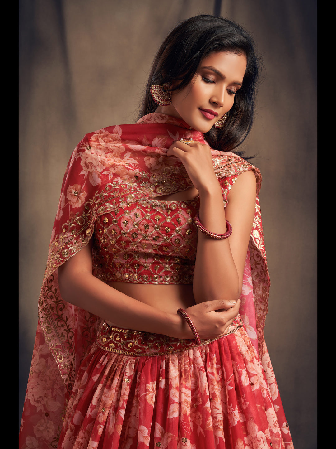 Red color Organza Sequins Zari Embroidery Work Lehenga Choli