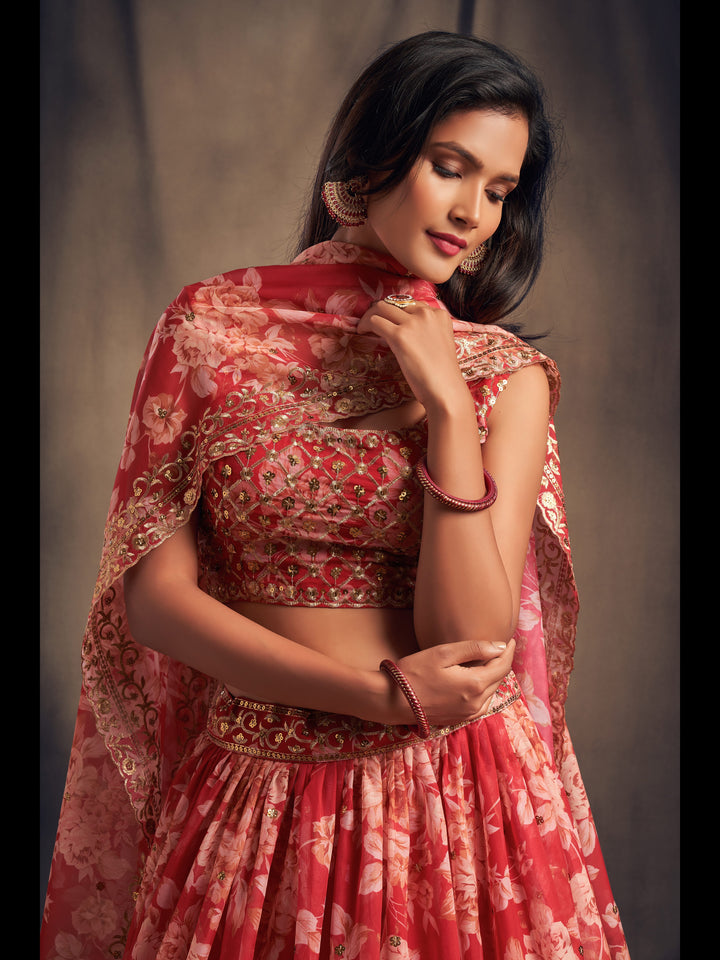 Red color Organza Sequins Zari Embroidery Work Lehenga Choli