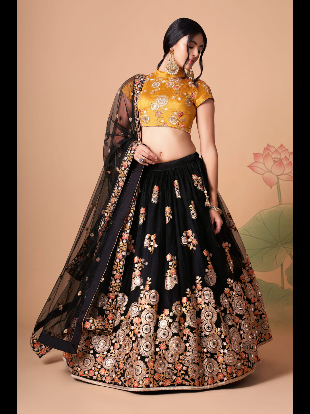 Black Color Soft Net Thread, Zari and Sequins Embroidery With Mirror Work Lehenga Choli