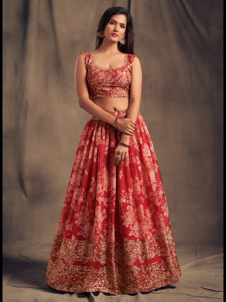 Red color Organza Sequins Zari Embroidery Work Lehenga Choli