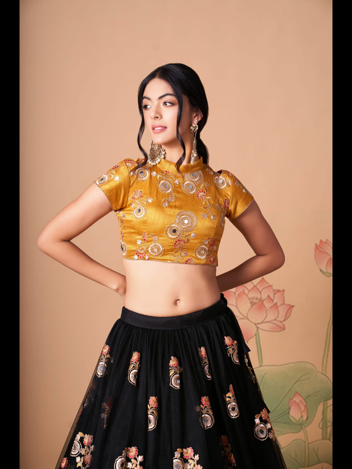 Black Color Soft Net Thread, Zari and Sequins Embroidery With Mirror Work Lehenga Choli