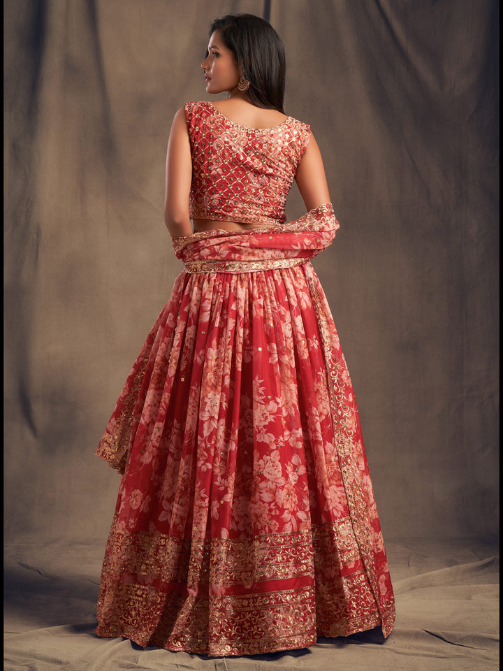 Red color Organza Sequins Zari Embroidery Work Lehenga Choli
