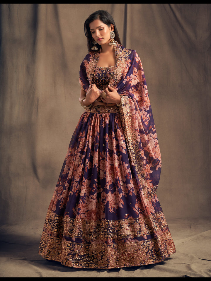 Purple color Organza Sequins Zari Embroidery Work Lehenga Choli