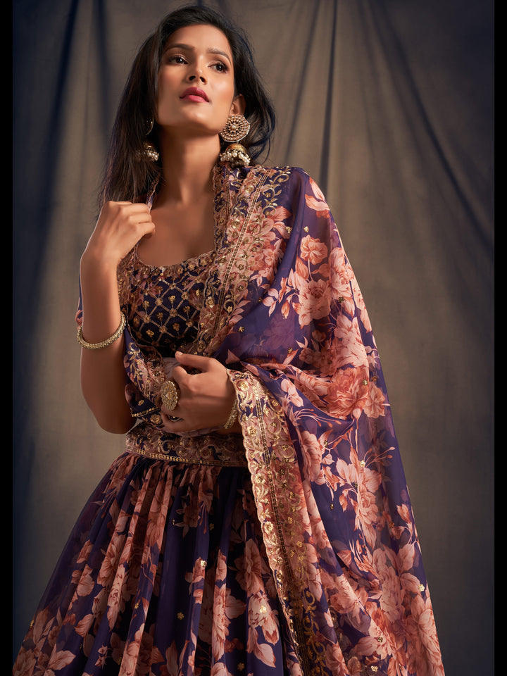 Purple color Organza Sequins Zari Embroidery Work Lehenga Choli