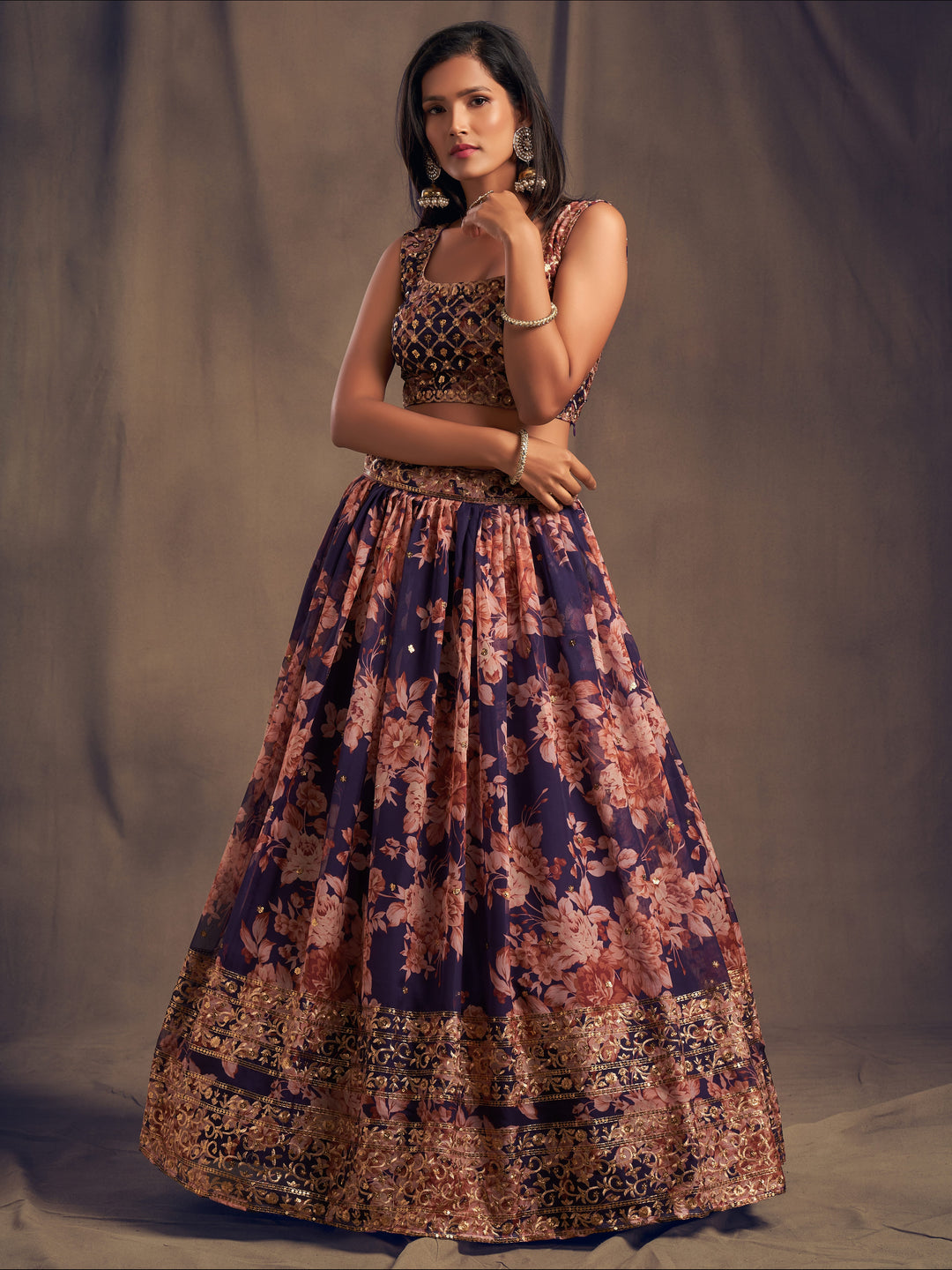 Purple color Organza Sequins Zari Embroidery Work Lehenga Choli