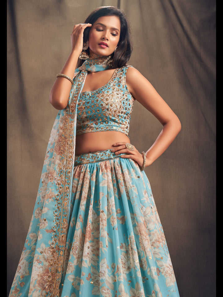Sky Blue color Organza Sequins Zari Embroidery Work Lehenga Choli