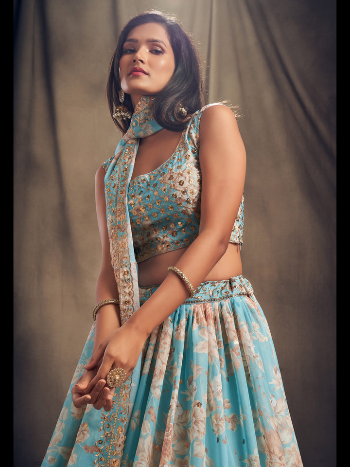 Sky Blue color Organza Sequins Zari Embroidery Work Lehenga Choli