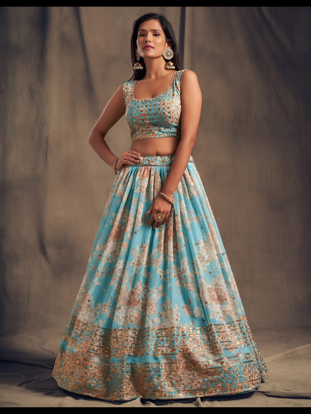 Sky Blue color Organza Sequins Zari Embroidery Work Lehenga Choli
