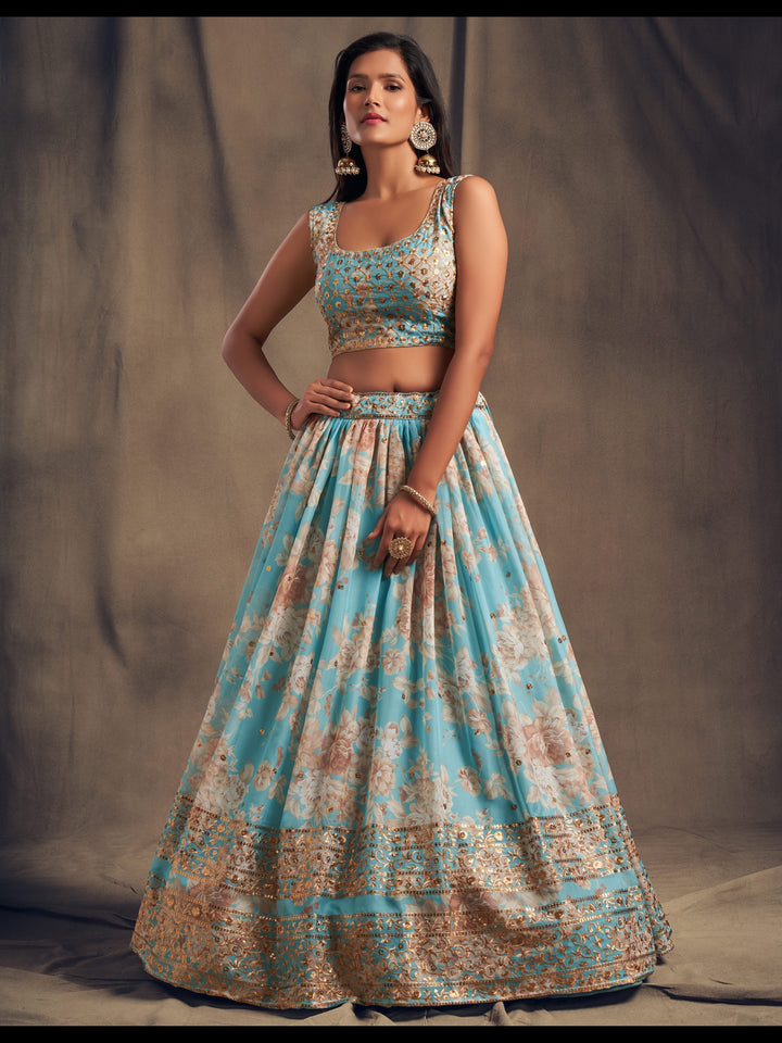 Sky Blue color Organza Sequins Zari Embroidery Work Lehenga Choli