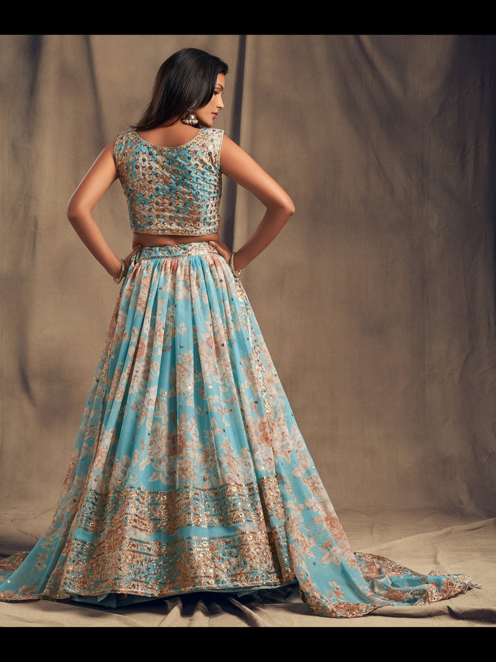 Sky Blue color Organza Sequins Zari Embroidery Work Lehenga Choli