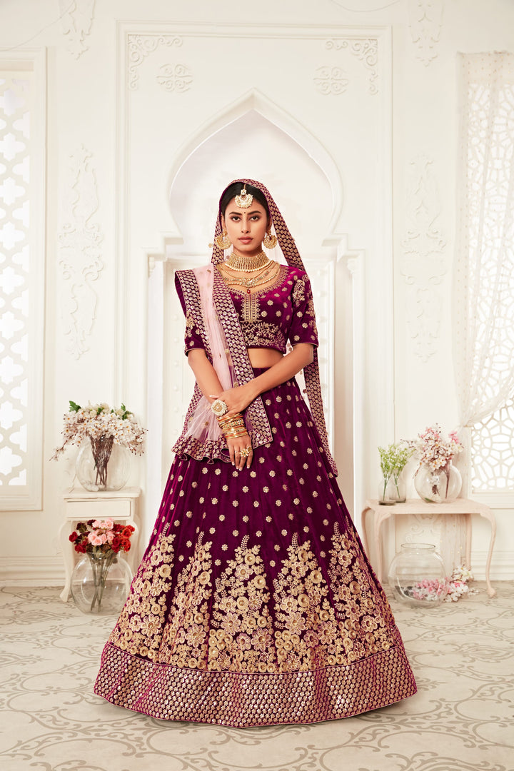 Purple color Velvet Thread and Sequins Embroidery Work Lehenga Choli
