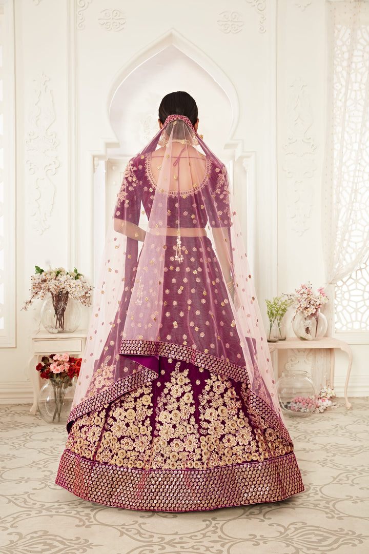Purple color Velvet Thread and Sequins Embroidery Work Lehenga Choli