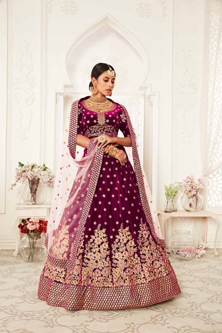 Purple color Velvet Thread and Sequins Embroidery Work Lehenga Choli